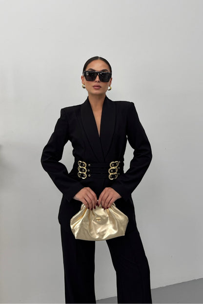 Kadın Blazer Ceket Şık Kruvaze Yaka Vatkalı Gold Kemer Detaylı Ceket