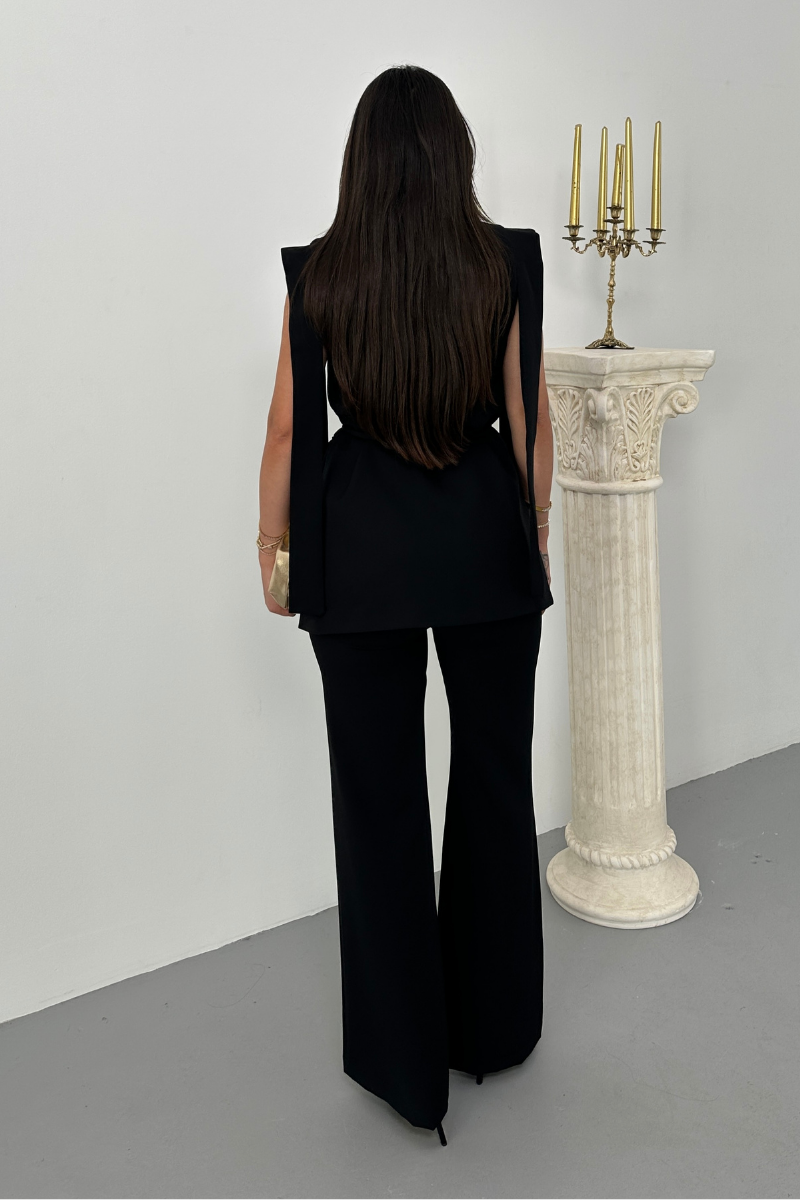 Kadın Alt Üst İkili Takım Omuz Detaylı Kuşaklı Yelek Pantolon Takım