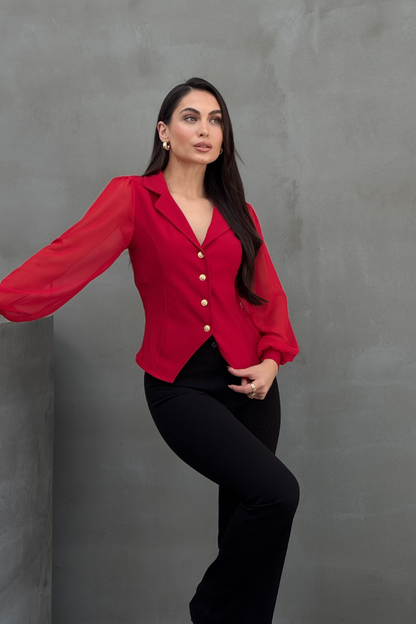 Kadın Gömlek Düğmeli Uzun Tül Kollu Ceket Yaka Bele Oturan Gömlek
