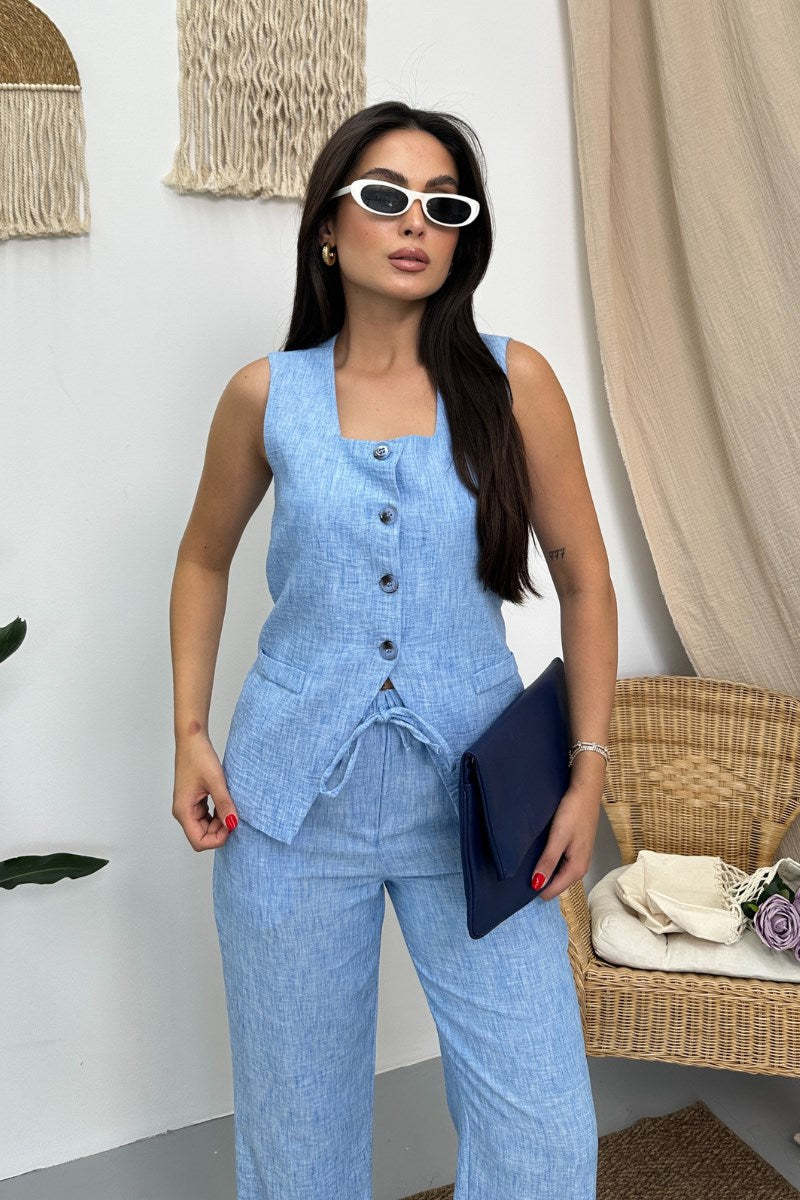Kadın İkili Alt Üst Takım Keten Düğmeli Kare Yaka Beli Bağcıklı Regular Yelek Bol Pantolon Takım
