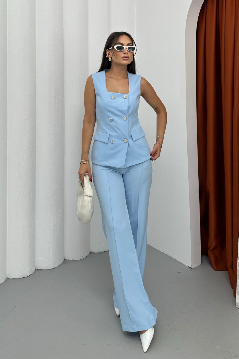 Kadın İkili Alt Üst Takım Şık Düğme Detaylı Kare Yaka Yelek Pantolon Takım