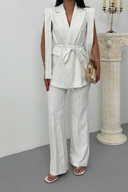 Kadın Alt Üst İkili Takım Çizgili Omuz Detaylı Kuşaklı Yelek Pantolon Takım