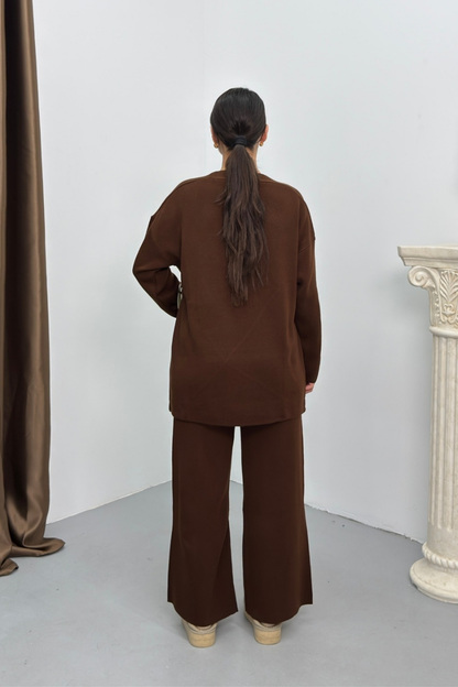 Kadın İkili Alt Üst Takım Triko Yandan Bağcıklı Kruvaze Hırka Bol Paça Pantolon Örme Takım