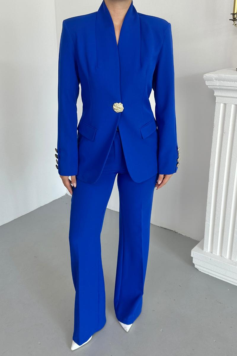 Kadın İkili Takım Şık Düğme Detaylı Dik Yaka Blazer Ceket Bol Paça Pantolon Takım