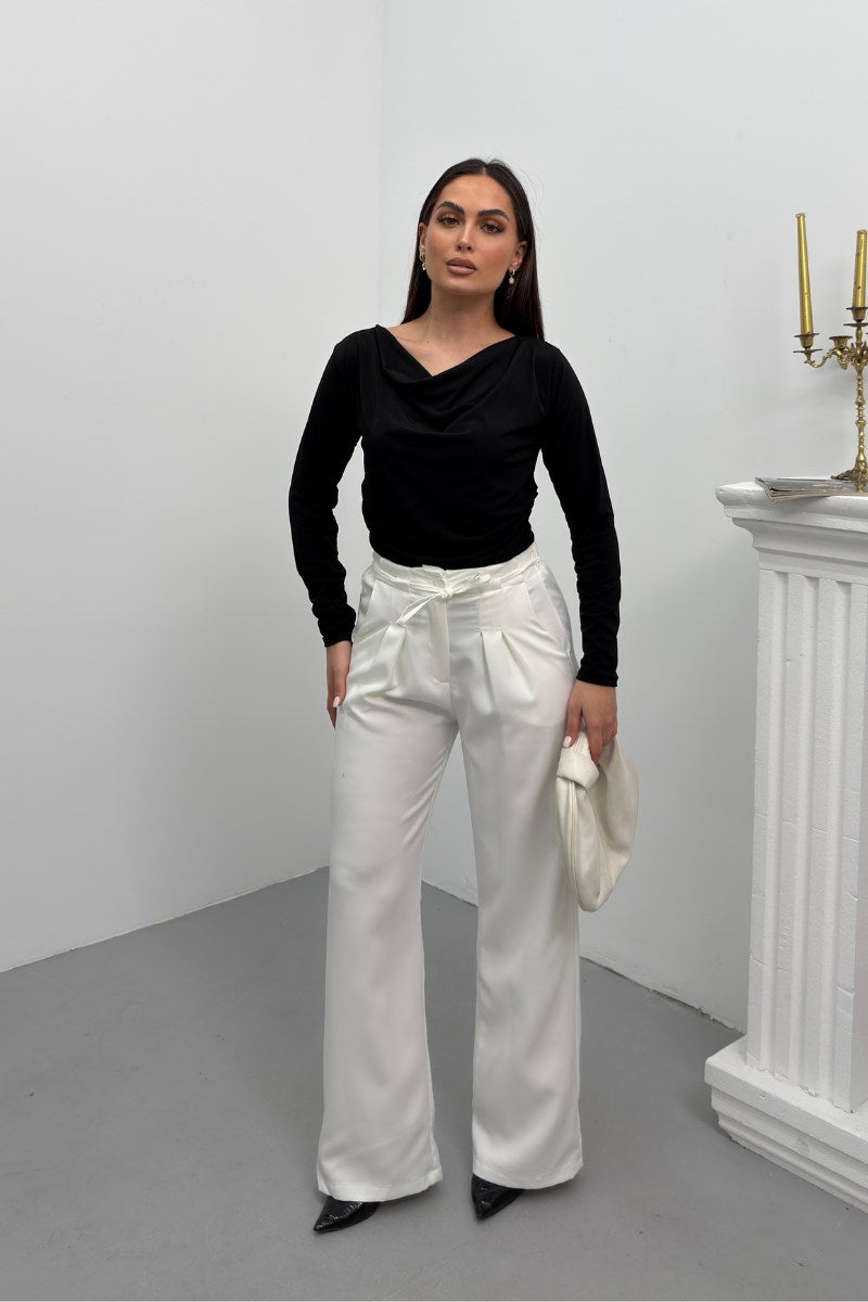 Kadın Pantolon Beli Bağcıklı Pile Detaylı Çift Cepli Bol Paça Pantolon