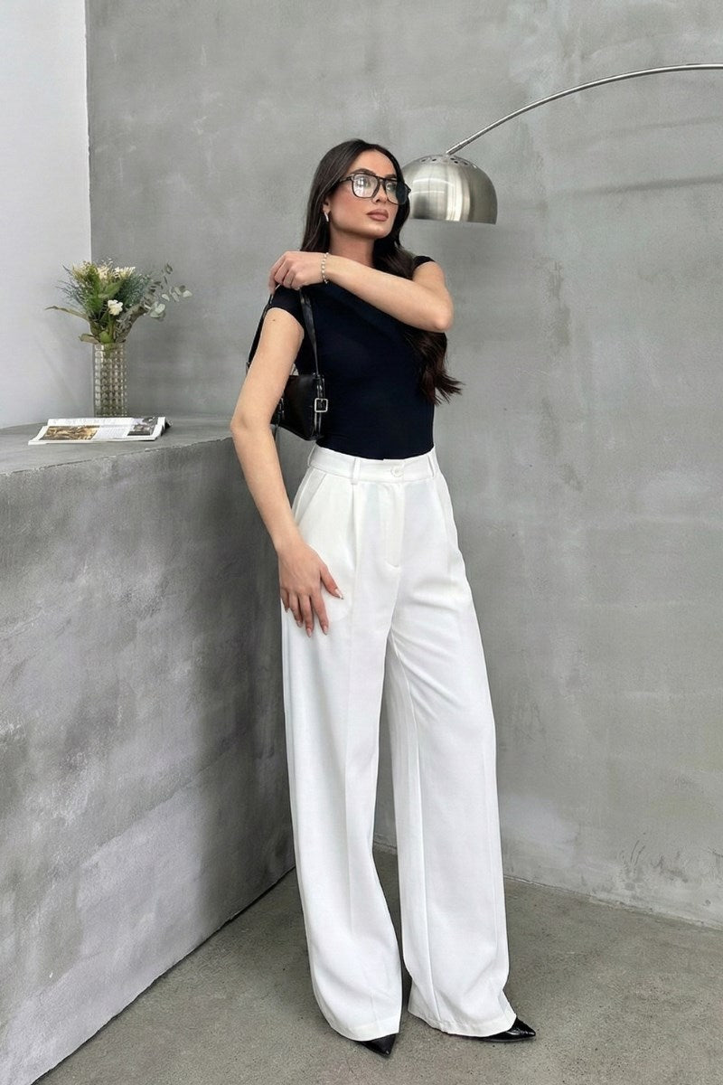 Kadın Palazzo Pantolon Düğmeli Çift Cepli Bol Paça Pantolon