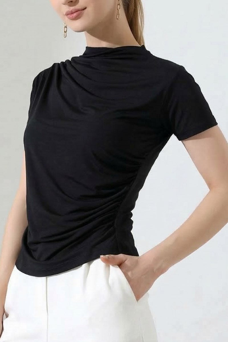 Kadın T-Shirt Kısa Kollu Drape Detaylı Yaka ve Beli Büzgülü Sandy Kumaş Likralı Bluz