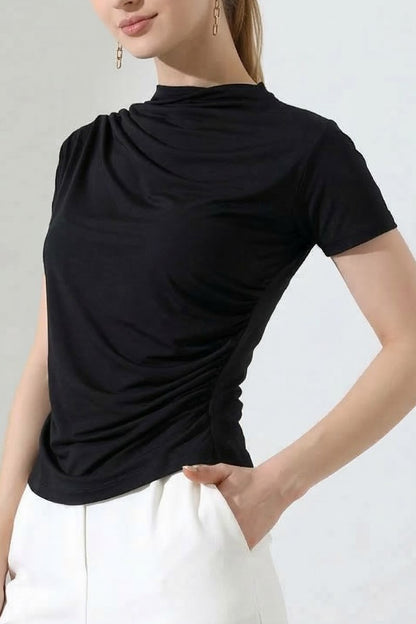Kadın T-Shirt Kısa Kollu Drape Detaylı Yaka ve Beli Büzgülü Sandy Kumaş Likralı Bluz