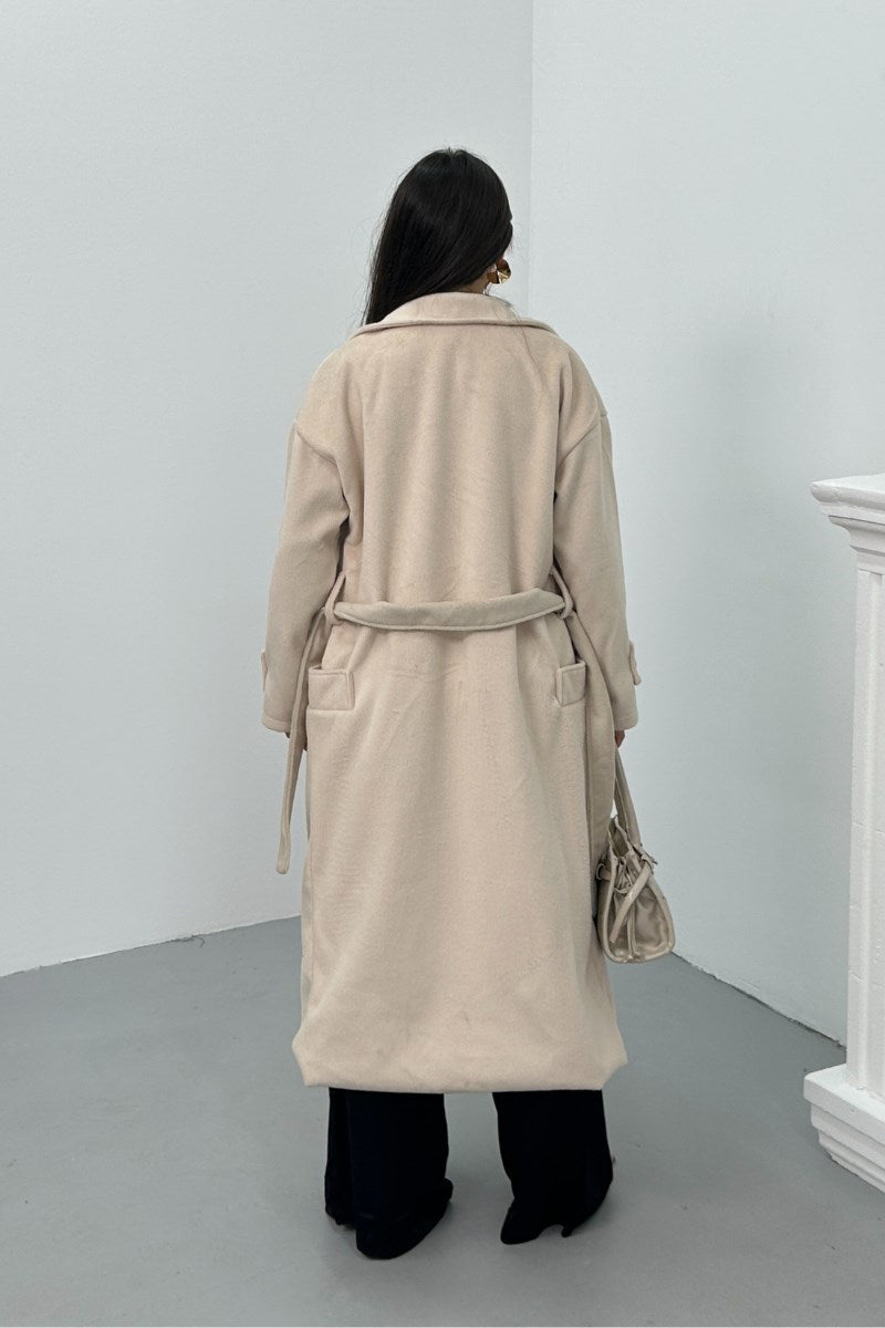 Kadın Kaşe Kaban Uzun Kuşaklı Düğmeli Cepli Premium Kaşe Kaban