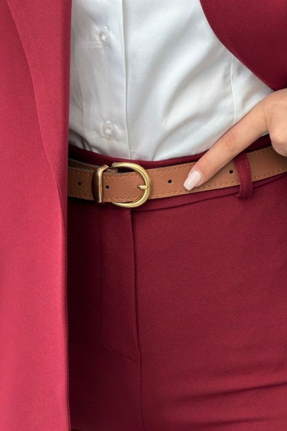 Kadın İkili Alt Üst Takım Kemerli Çizgili Astarlı Cep Detaylı Regular Blazer Ceket Pantolon Takım