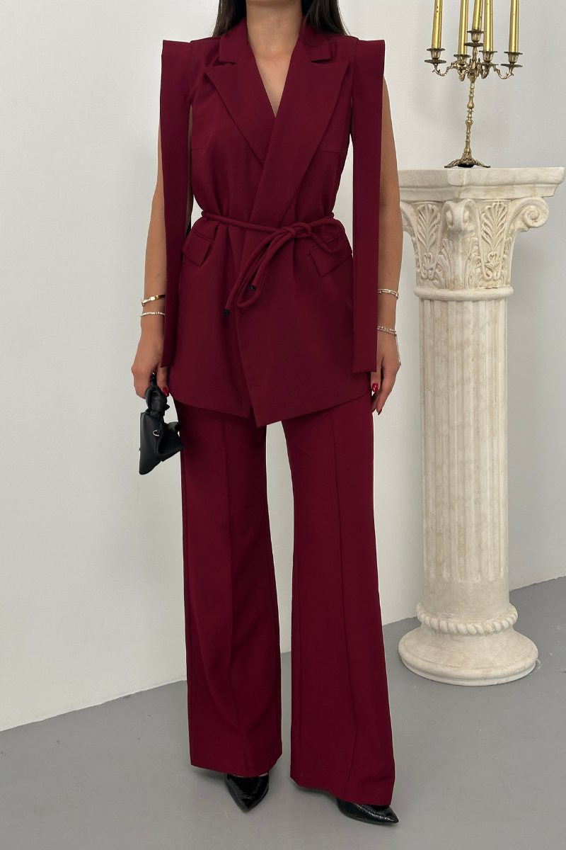 Kadın Alt Üst İkili Takım Omuz Detaylı Kuşaklı Yelek Pantolon Takım