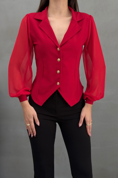 Kadın Gömlek Düğmeli Uzun Tül Kollu Ceket Yaka Bele Oturan Gömlek