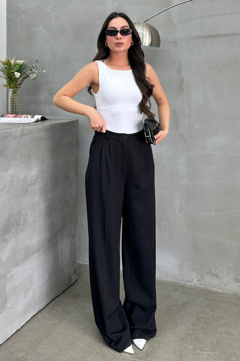 Kadın Palazzo Pantolon Düğmeli Çift Cepli Bol Paça Pantolon