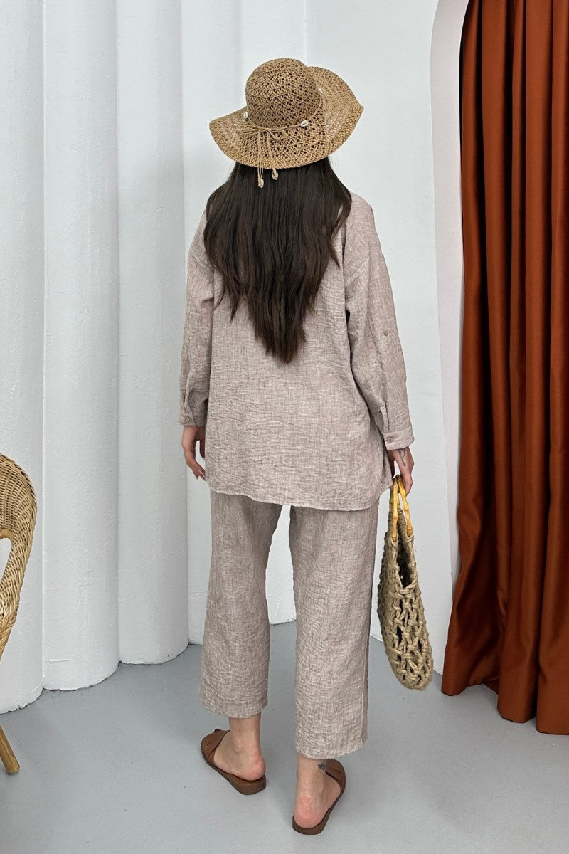 Kadın Alt Üst Takım Yazlık Keten Cep Detaylı Pantolon Gömlek İkili Takım