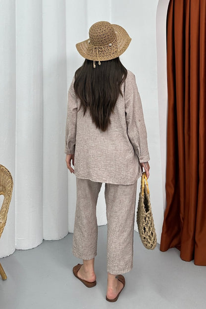 Kadın Alt Üst Takım Yazlık Keten Cep Detaylı Pantolon Gömlek İkili Takım
