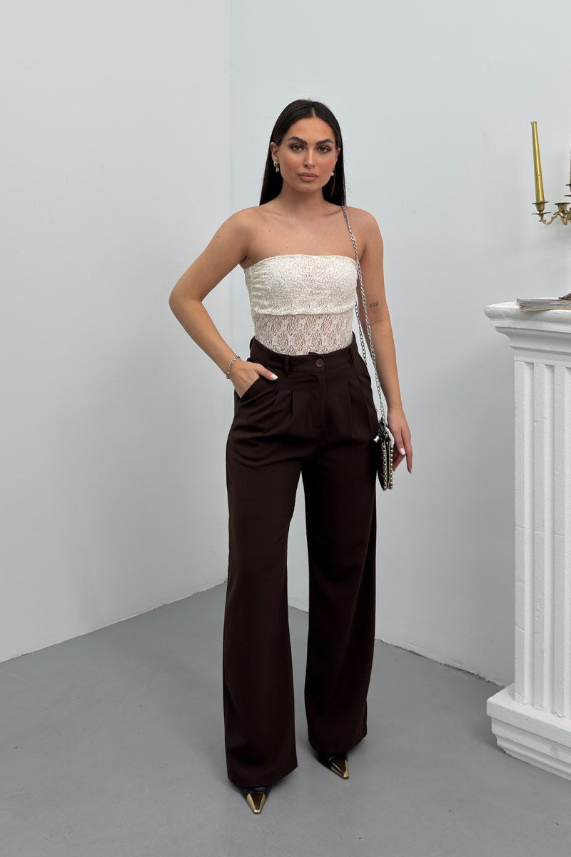 Kadın Pantolon Beli Bağcıklı Pile Detaylı Çift Cepli Bol Paça Pantolon