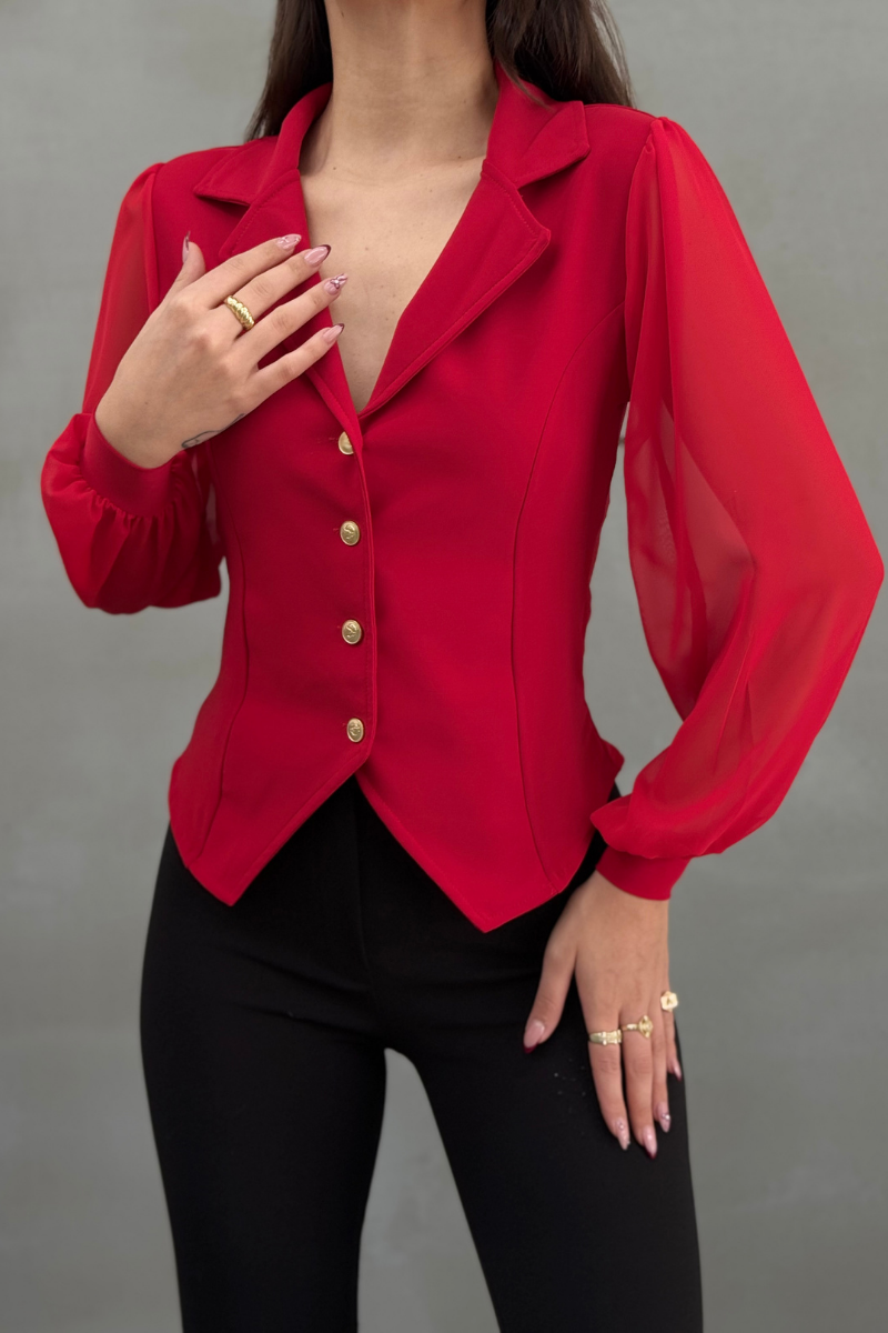 Kadın Gömlek Düğmeli Uzun Tül Kollu Ceket Yaka Bele Oturan Gömlek