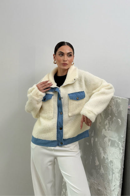 Kadın Ceket Peluş Cepli Fermuarlı Çıtçıtlı Kot Detaylı Ekru Ceket Ekru L