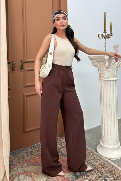 Kadın Palazzo Pantolon Düğmeli Çift Cepli Bol Paça Pantolon