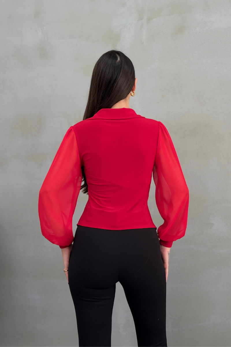 Kadın Gömlek Düğmeli Uzun Tül Kollu Ceket Yaka Bele Oturan Gömlek