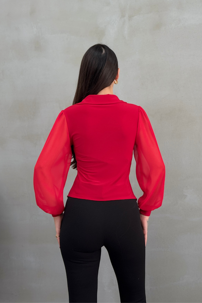 Kadın Gömlek Düğmeli Uzun Tül Kollu Ceket Yaka Bele Oturan Gömlek