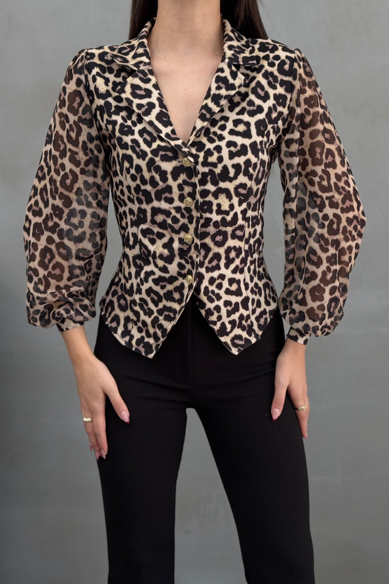 Kadın Gömlek Düğmeli Uzun Tül Kollu Ceket Yaka Bele Oturan Gömlek