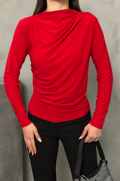 Kadın Bluz Drapeli Uzun Kollu Sandy Kumaş