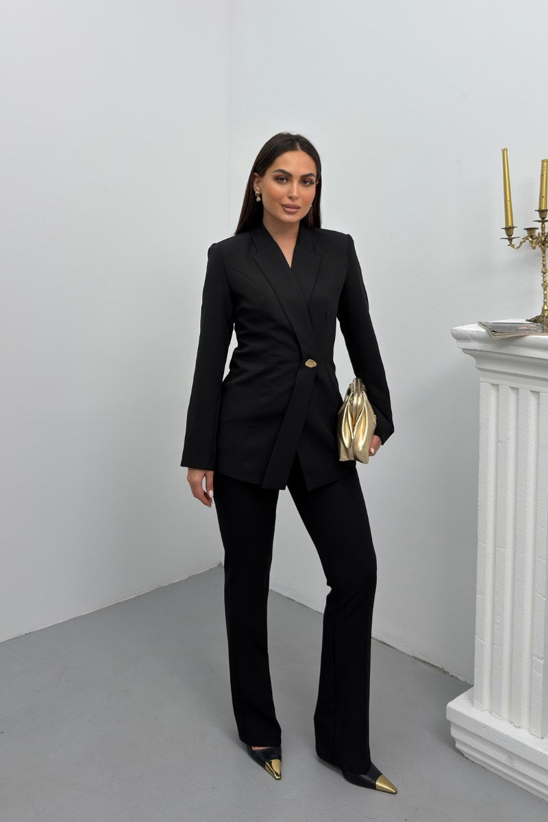 Kadın İkili Alt Üst Takım Şık Oval Ön Kapamalı Gold Düğmeli Blazer Ceket Pantolon Takım