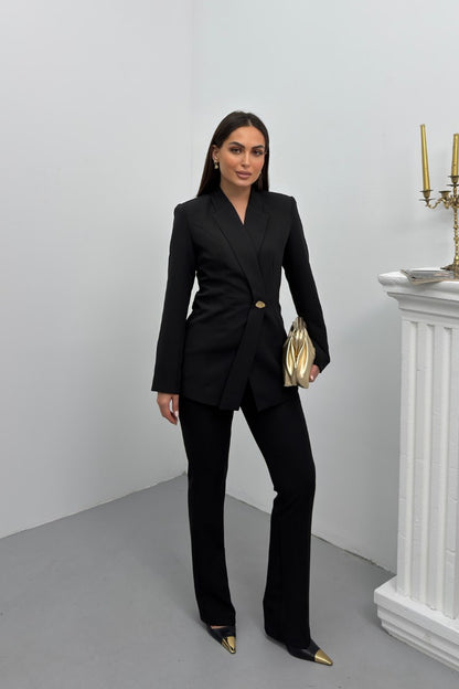 Kadın İkili Alt Üst Takım Şık Oval Ön Kapamalı Gold Düğmeli Blazer Ceket Pantolon Takım