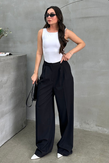 Kadın Palazzo Pantolon Düğmeli Çift Cepli Bol Paça Pantolon