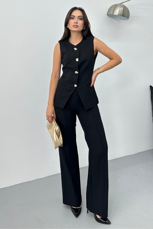 Kadın İkili Alt Üst Takım Şık Düğme Detaylı Bisiklet Yaka Regular Yelek Pantolon Takım