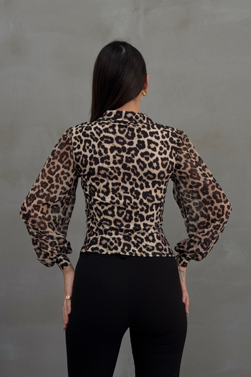 Kadın Gömlek Düğmeli Uzun Tül Kollu Ceket Yaka Bele Oturan Gömlek