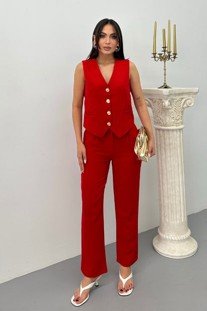 Kadın Alt Üst Takım Şık Gold Düğme Detaylı V Yaka Yelek Pantolon Takım Kırmızı