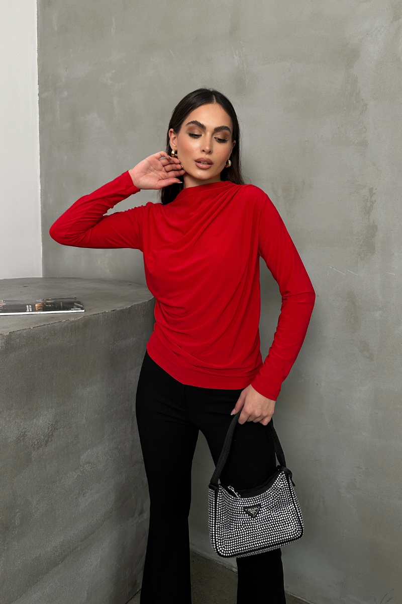 Kadın Bluz Drapeli Uzun Kollu Sandy Kumaş