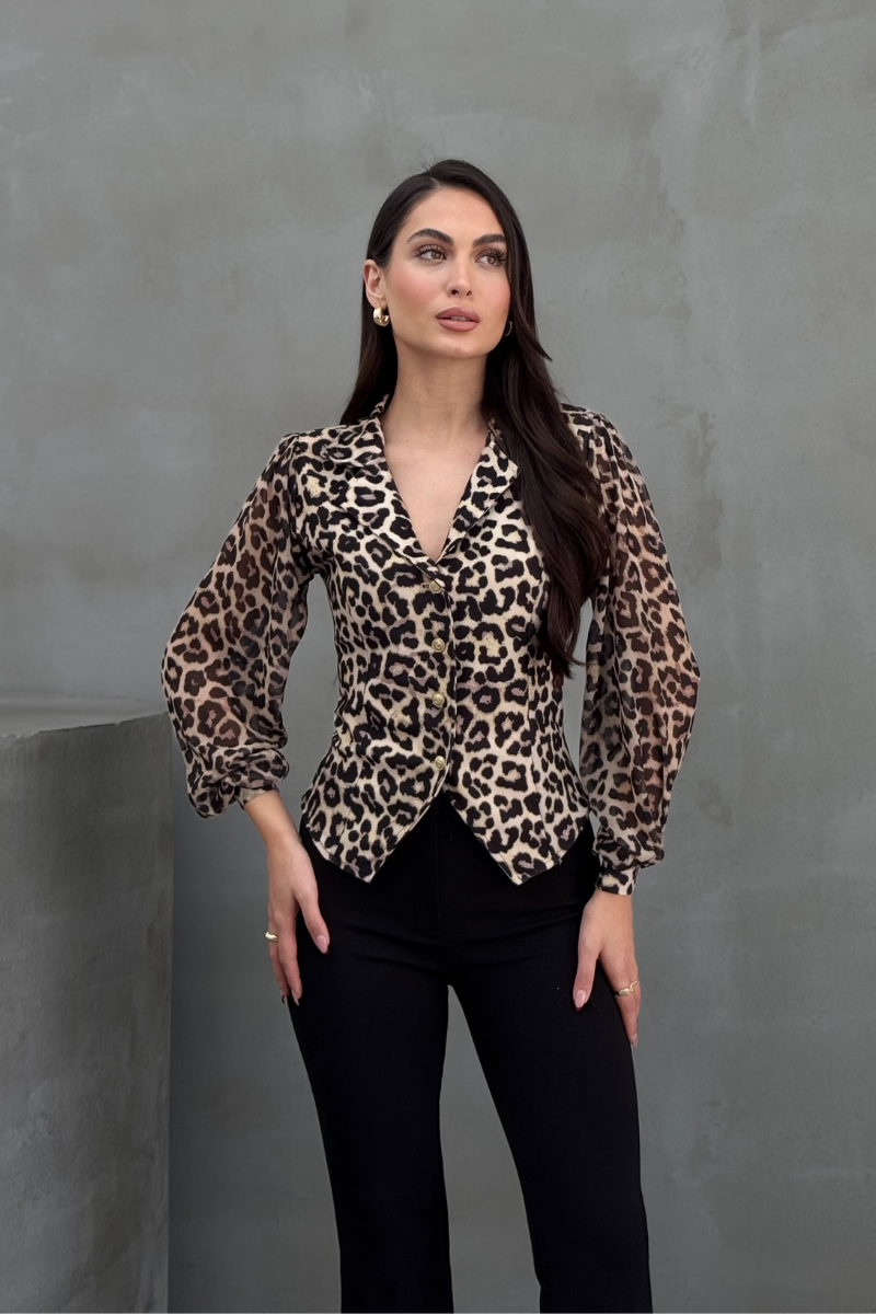 Kadın Gömlek Düğmeli Uzun Tül Kollu Ceket Yaka Bele Oturan Gömlek