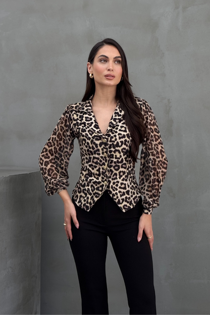 Kadın Gömlek Düğmeli Uzun Tül Kollu Ceket Yaka Bele Oturan Gömlek