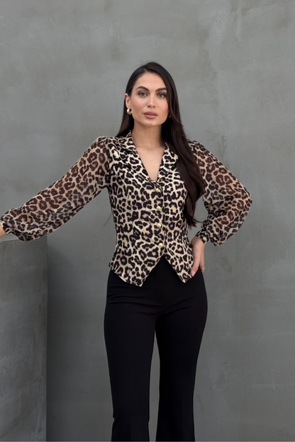 Kadın Gömlek Düğmeli Uzun Tül Kollu Ceket Yaka Bele Oturan Gömlek