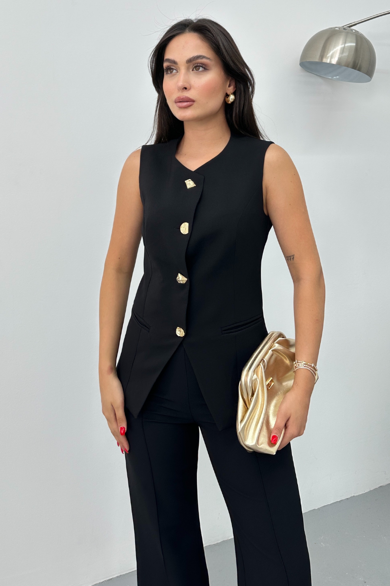 Kadın İkili Alt Üst Takım Şık Düğme Detaylı Bisiklet Yaka Regular Yelek Pantolon Takım