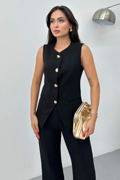 Kadın İkili Alt Üst Takım Şık Düğme Detaylı Bisiklet Yaka Regular Yelek Pantolon Takım