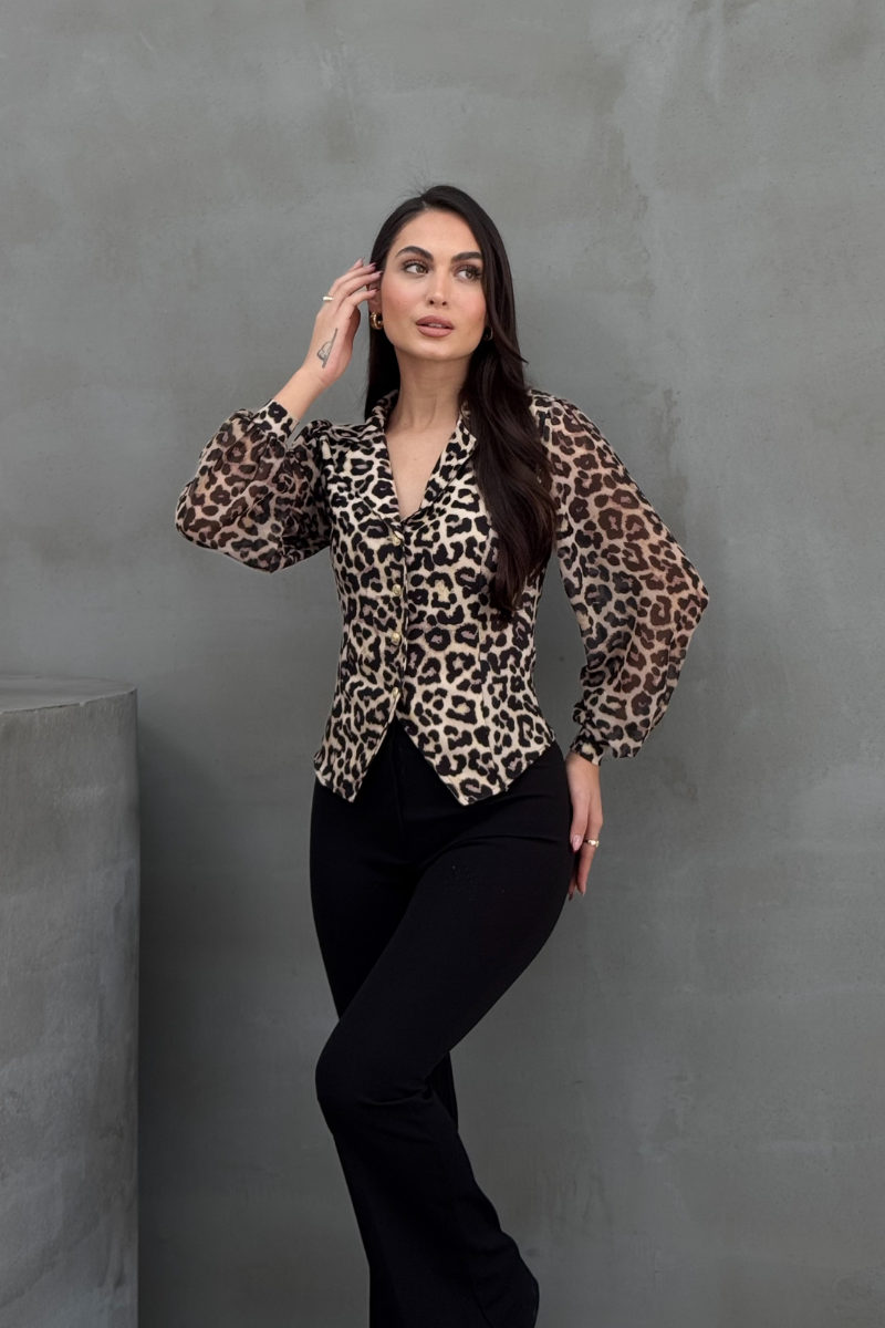 Kadın Gömlek Düğmeli Uzun Tül Kollu Ceket Yaka Bele Oturan Gömlek