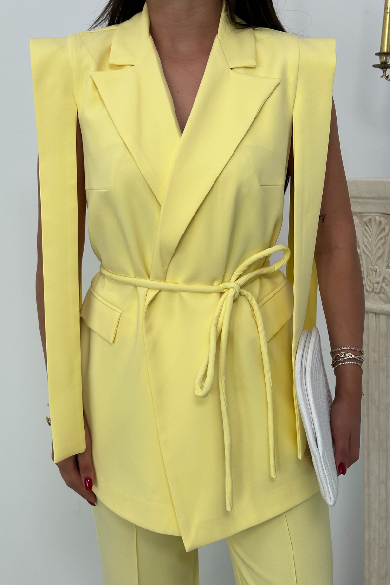 Kadın Alt Üst İkili Takım Omuz Detaylı Kuşaklı Yelek Pantolon Takım