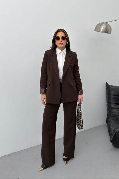 Kadın İkili Alt Üst Takım Kemerli Çizgili Astarlı Cep Detaylı Regular Blazer Ceket Pantolon Takım