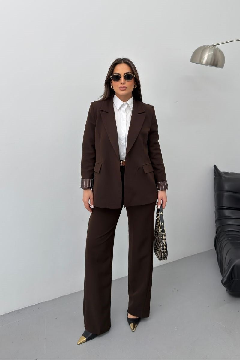 Kadın İkili Alt Üst Takım Kemerli Çizgili Astarlı Cep Detaylı Regular Blazer Ceket Pantolon Takım