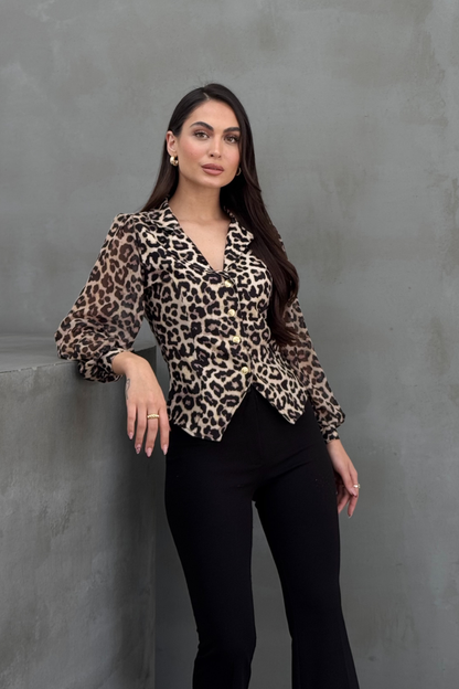 Kadın Gömlek Düğmeli Uzun Tül Kollu Ceket Yaka Bele Oturan Gömlek