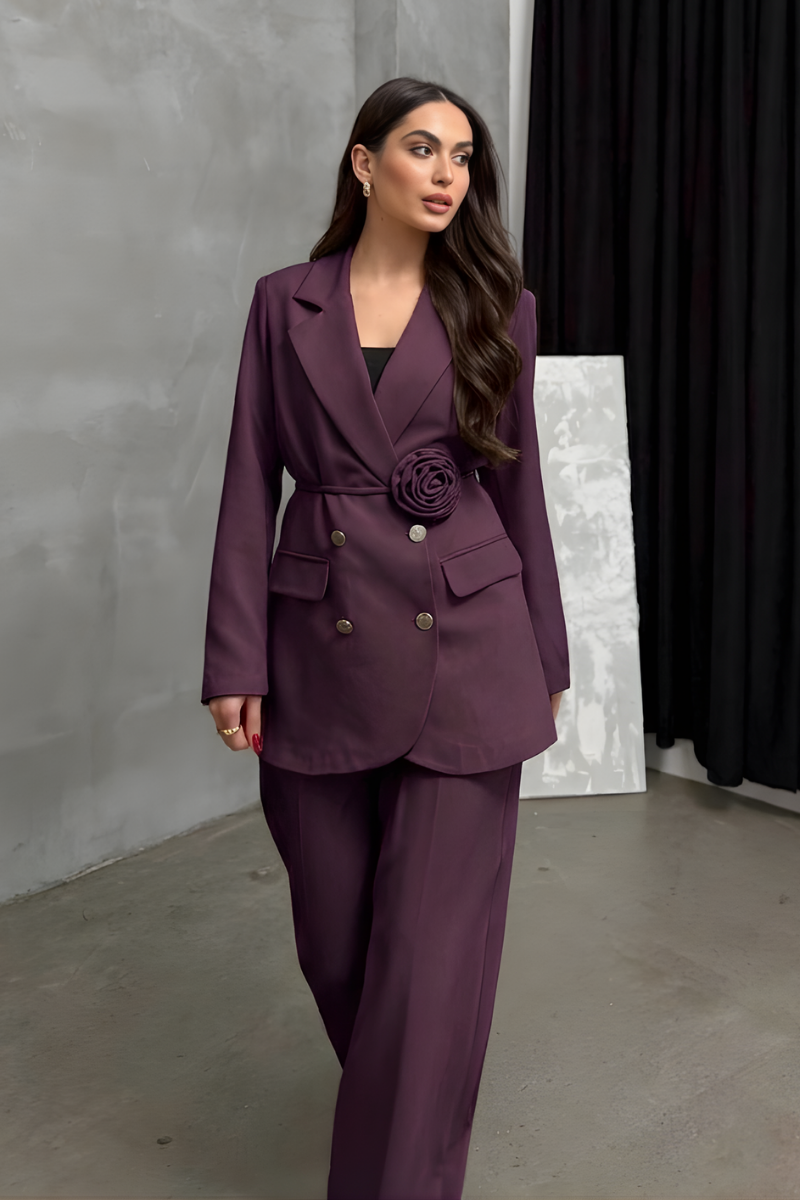 Kadın İkili Blazer Ceket Pantolon Takım Aksesuar ve Düğme Detaylı Bol Paça