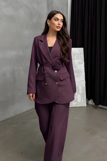 Kadın İkili Blazer Ceket Pantolon Takım Aksesuar ve Düğme Detaylı Bol Paça