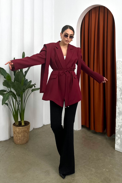 Kadın Oversize Blazer Ceket Kuşaklı Omuz Detaylı