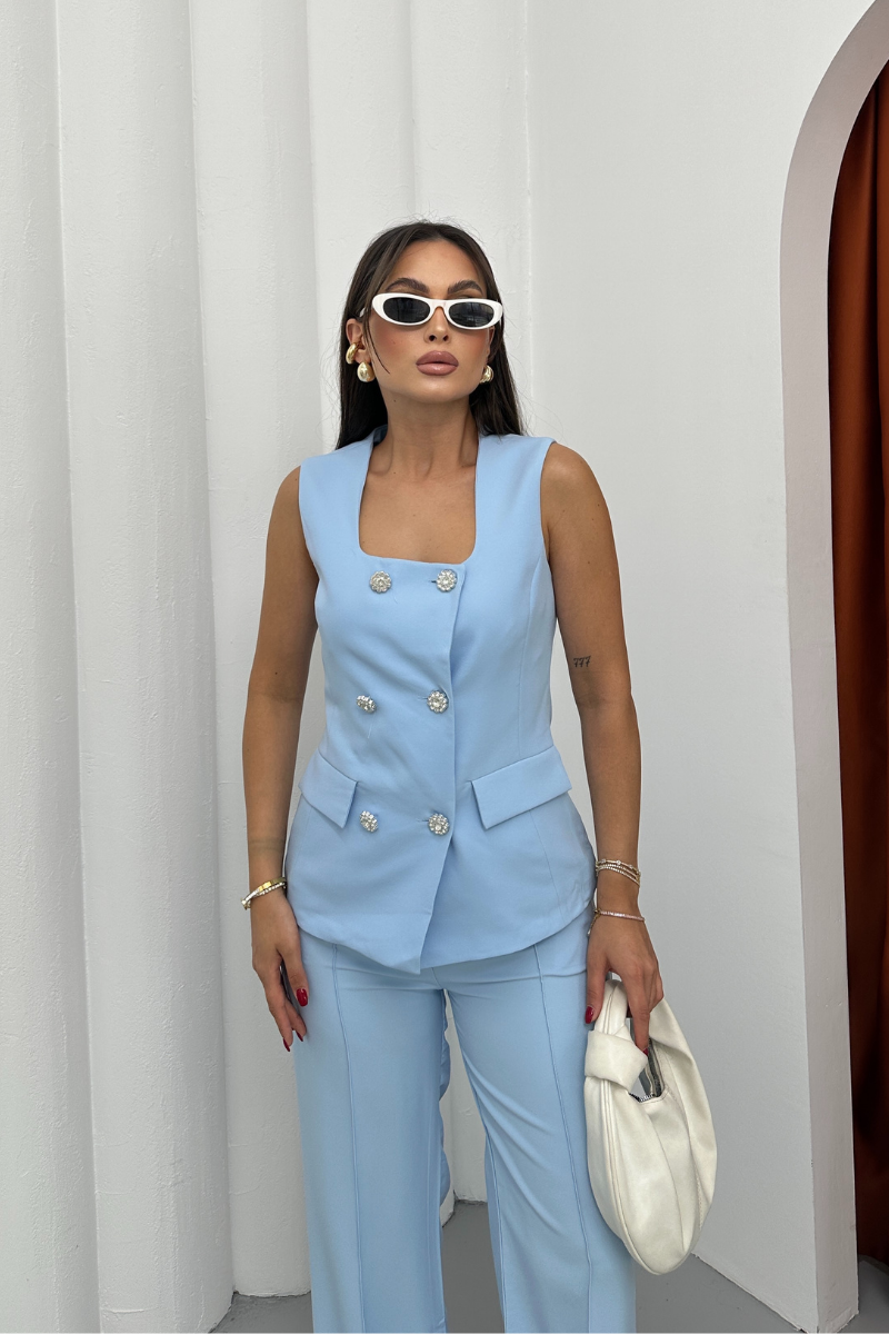 Kadın İkili Alt Üst Takım Şık Düğme Detaylı Kare Yaka Yelek Pantolon Takım