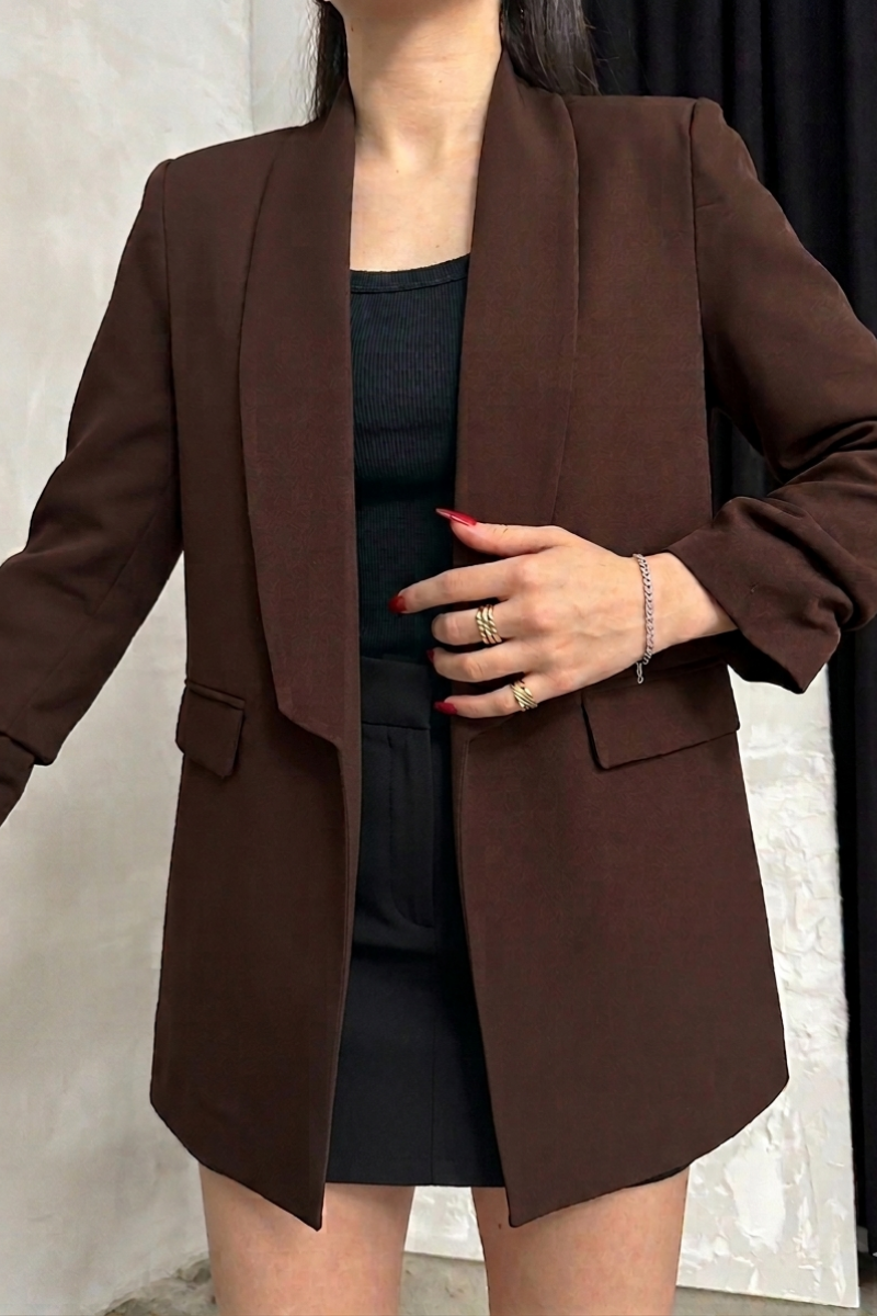 Kadın Blazer Ceket Şal Yaka Kolu Büzgülü Uzun Kollu Cep Görünümlü Regular Kalıp Astarlı Ceket