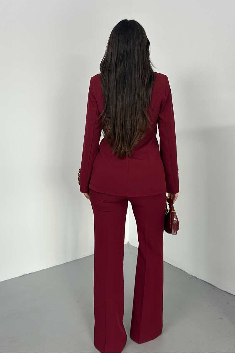 Kadın İkili Takım Şık Düğme Detaylı Dik Yaka Blazer Ceket Bol Paça Pantolon Takım